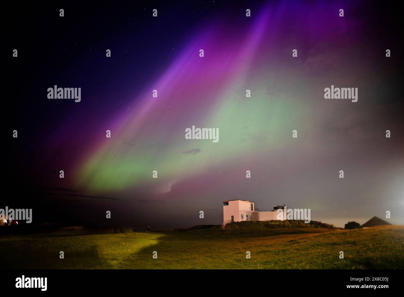The great auroral display of 10 May 2024 seen over the Blyth Battery War museum at Blyth, Northumberland, UK Stock Photo