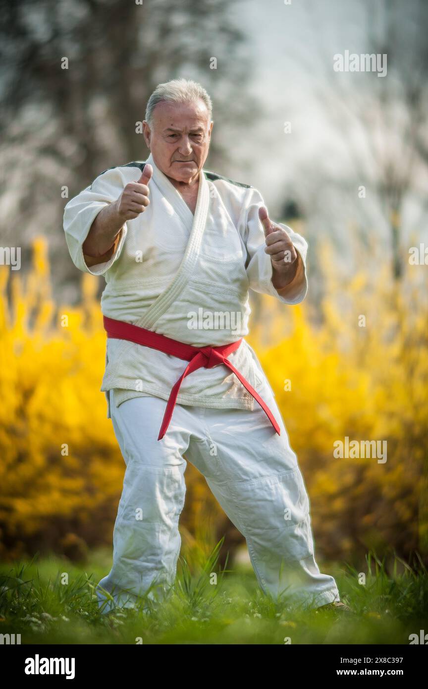 The serene warrior. A man in a karate stance with his fist up in a traditional gi kimono, showcasing strength and martial arts expertise Stock Photo