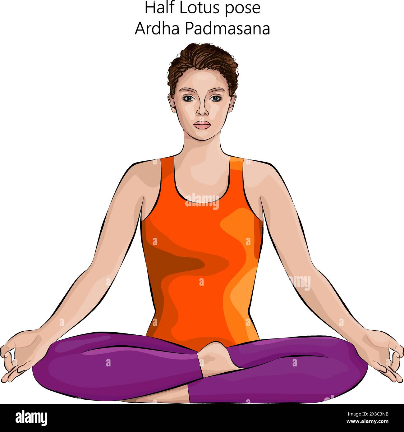 Young woman practicing Ardha Padmasana yoga pose. Half Lotus pose. Beginner Difficulty. Isolated