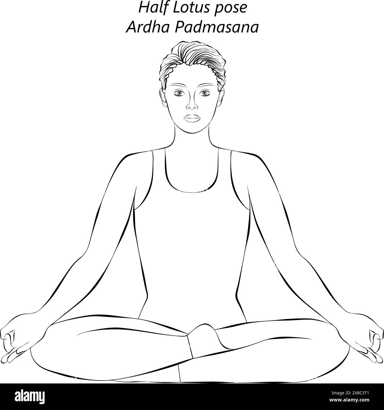 Sketch of young woman practicing Ardha Padmasana yoga pose. Half Lotus