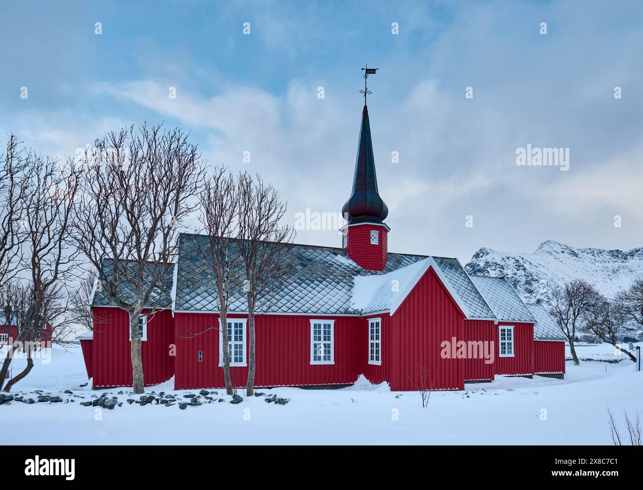 red church of  Flakstad, Lofoten, Norway, Europe| Stock Photo