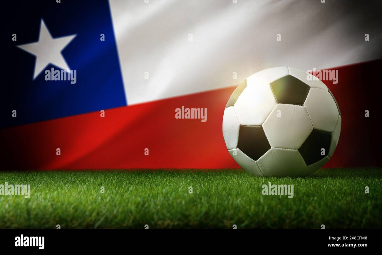 Chile national team composition with classic ball on grass and flag in the background. Top view. Stock Photo