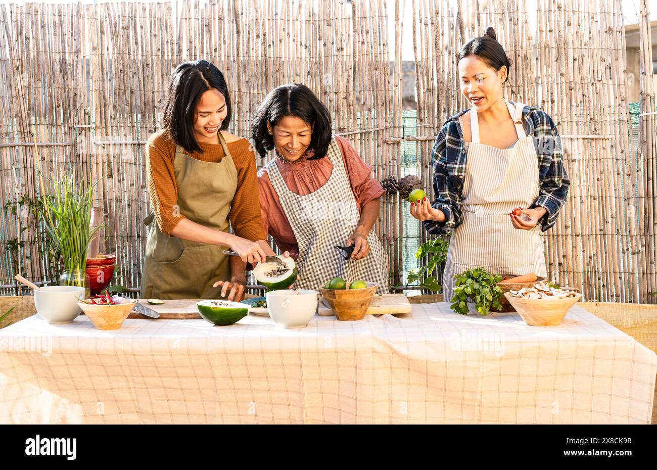 Happy Southeast Asian mother and daughters are having fun cooking a Thai food recipe together in the backyard Stock Photo