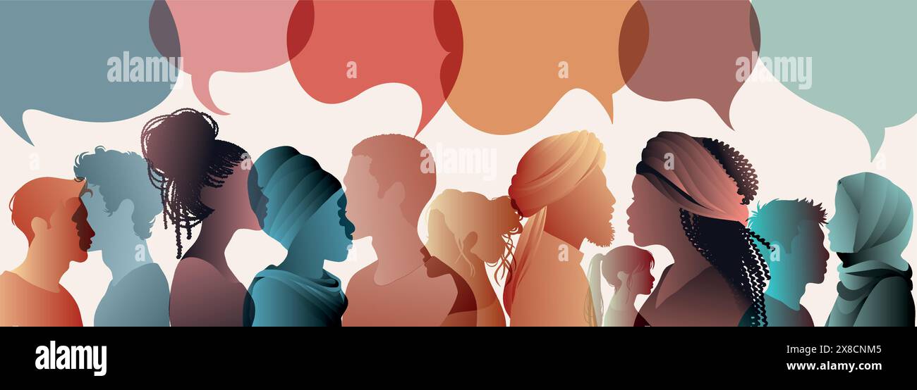 Communication across diverse cultures - Multicultural dialogue represented by colored silhouette and speech bubbles of multiethnic individuals.Equal Stock Vector