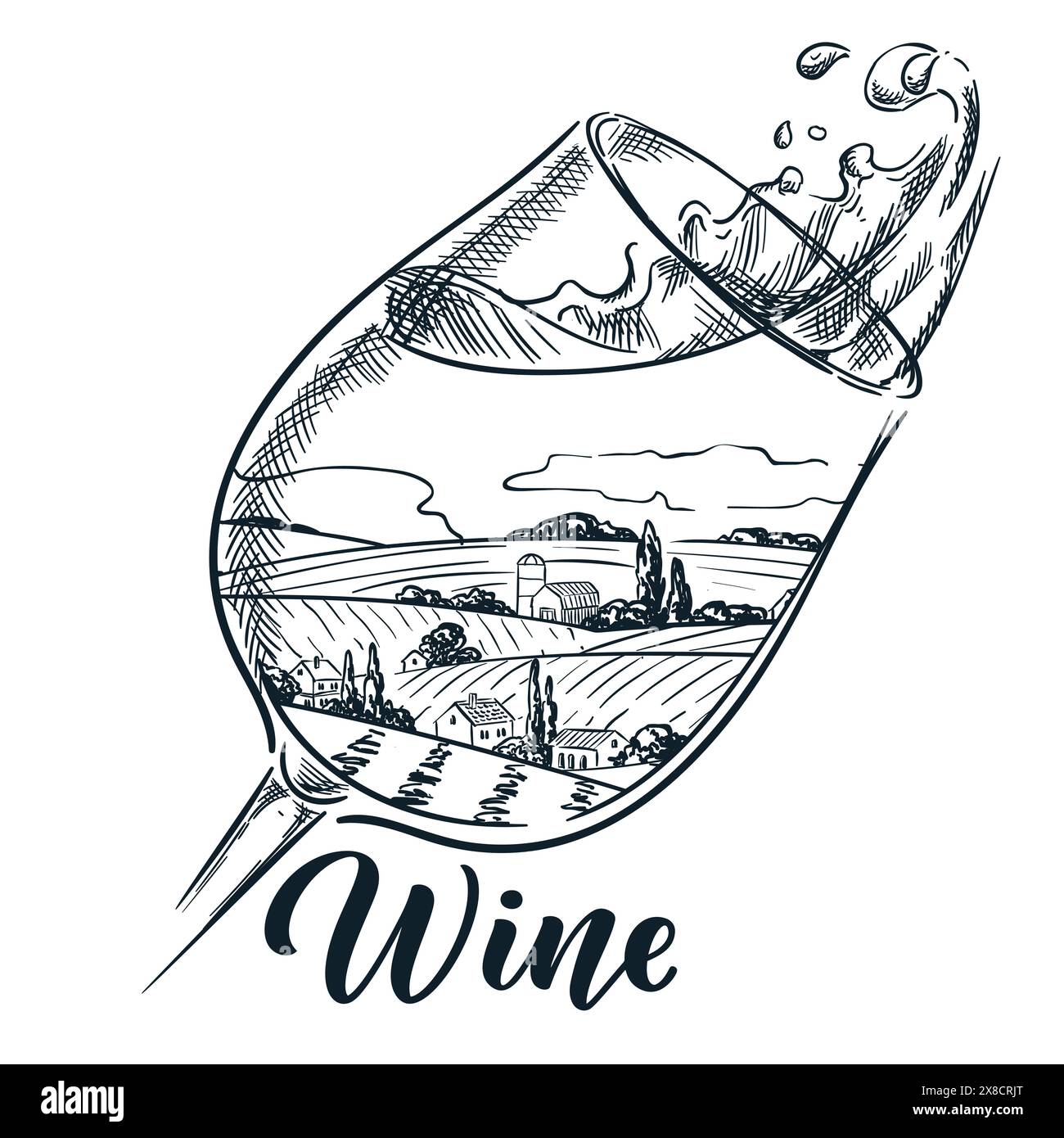 Wine glass with tuscany landscape, vineyard fields and wine splash. Vector hand drawn sketch illustration isolated on white background. Winery shop la Stock Vector