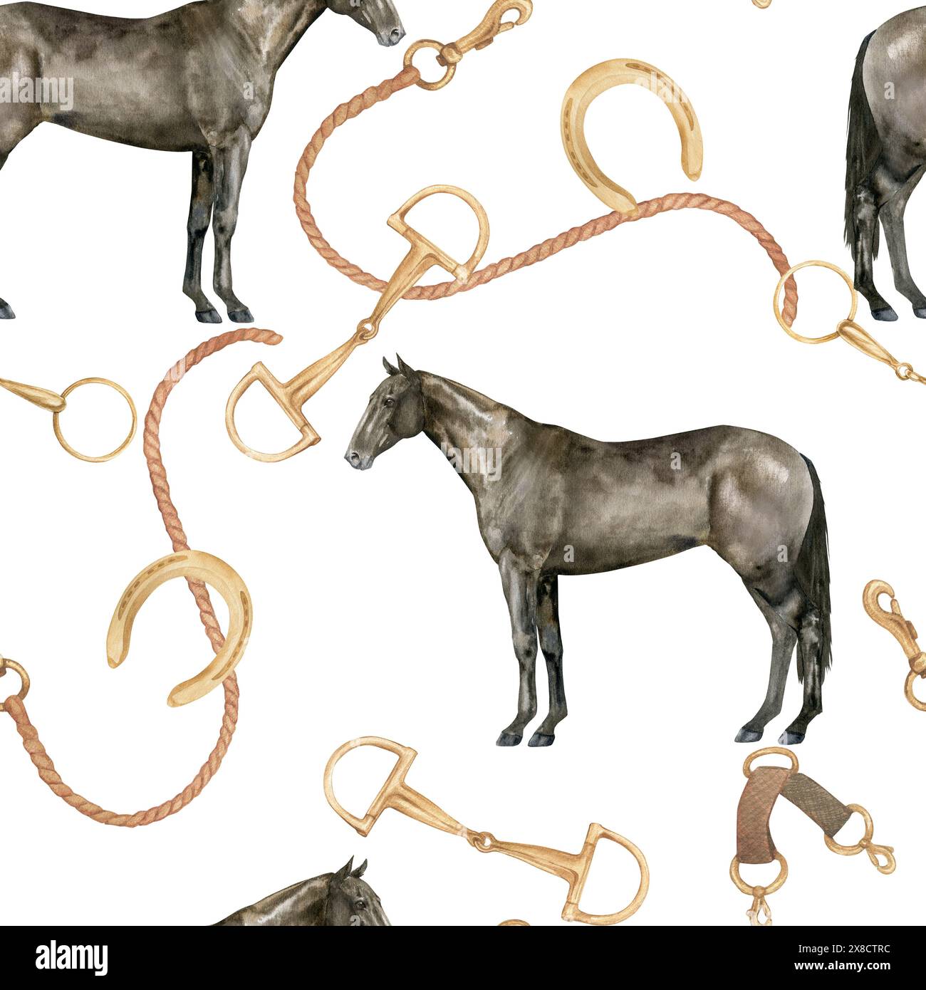 Seamless pattern with watercolor illustration of horse, rope,golden snaffle, bit and horseshoes. Equipment for horse riding set. Isolated. For cards Stock Photo