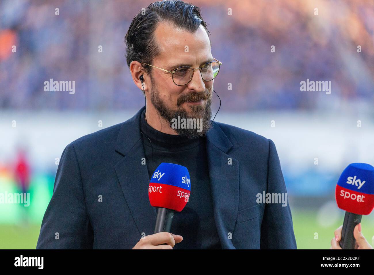 sports, football, German premier league, German second league, 2023/2024, relegation match to game saison 2024/2025, first leg, Vonovia Ruhr Stadium Bochum, VfL Bochum vs. Fortuna Duesseldorf 0-3, manager Patrick Fabian (Bochum) interviewed by Sky, DFL REGULATIONS PROHIBIT ANY USE OF PHOTOGRAPHS AS IMAGE SEQUENCES AND/OR QUASI-VIDEO Stock Photo