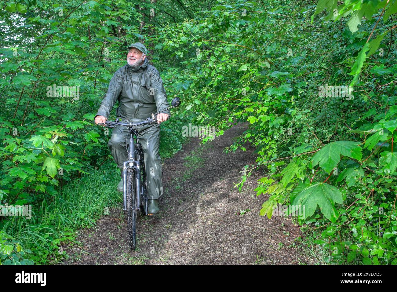 A smiling senior rides his bike through the rain-soaked forest in changeable weather. Stock Photo