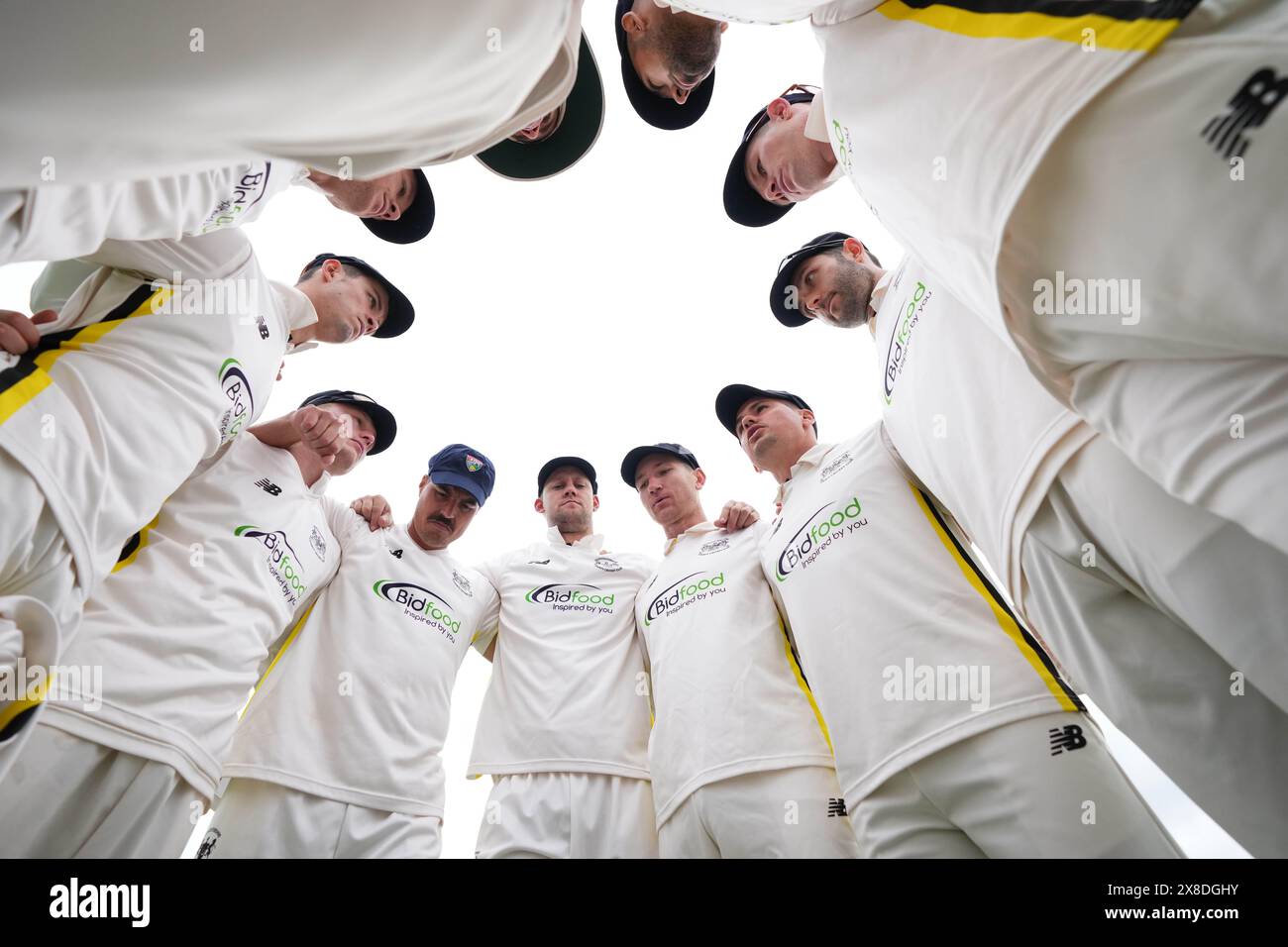 Bristol, UK, 24 May 2024. Gloucestershire huddle during the Vitality County Championship match between Gloucestershire and Derbyshire. Credit: Robbie Stephenson/Gloucestershire Cricket/Alamy Live News Stock Photo