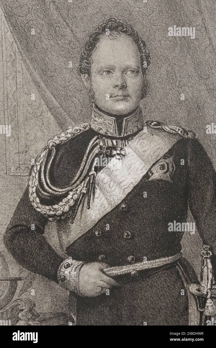 Frederick William IV of Prussia (1795-1861). King of Prussia (1795-1861). Portrait. Drawing by C. Legrand. Lithography by J. Donón. Detail. 'Reyes Contemporáneos' (Contemporary Kings). Volume III. Published in Madrid, 1854. Author: Julio Donón. Spanish artist active from 1840 to 1880. Luis Carlos Legrand (fl. 1829-1858). Spanish draughtsman and lithographer. Stock Photo