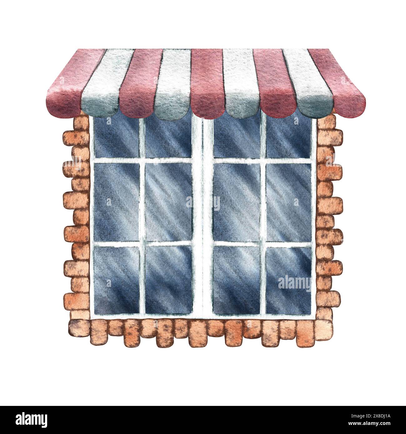 The window is in retro style. An old vintage window framed with brick. With a trump card over the window. A hand-drawn watercolor illustration. Highli Stock Photo