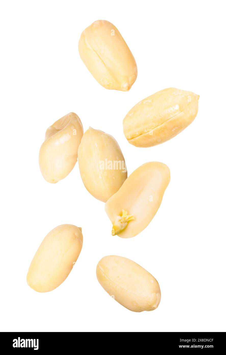 Many peanuts in air on white background Stock Photo