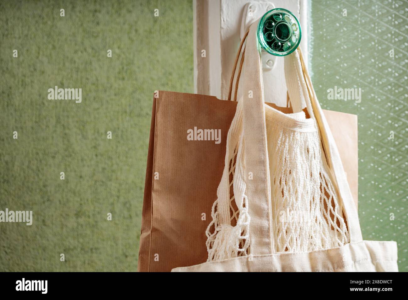 Cotton, Mesh and Paper Bags Hanging on Door Handle, Zero Waste ... - Low Waste Door Handle Options For Eco Friendly Homes