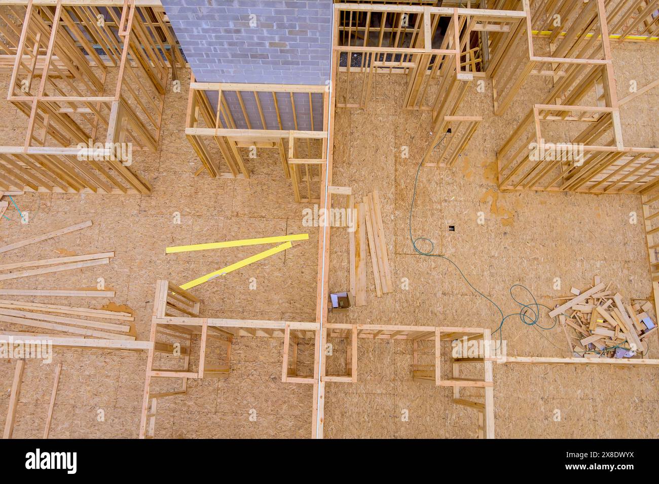 Building construction, is roof wall framed with wooden beams at time of ...