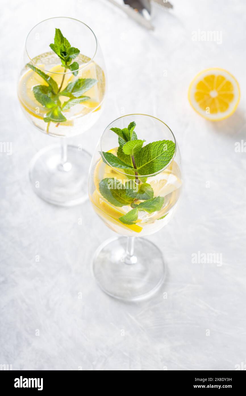 Hugo Spritz Cocktail Made with Sparkling Wine, Lemon, Mint and Elderberry Liqueur Stock Photo