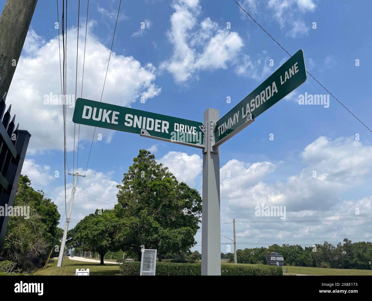 Street sign with names of famous Dodger baseball stars, Hall of Famers Duke Snider and manager Tommy Lasorda at Dodgertown, their one-time Spring Training home in Vero Beach, Florida, USA Stock Photo