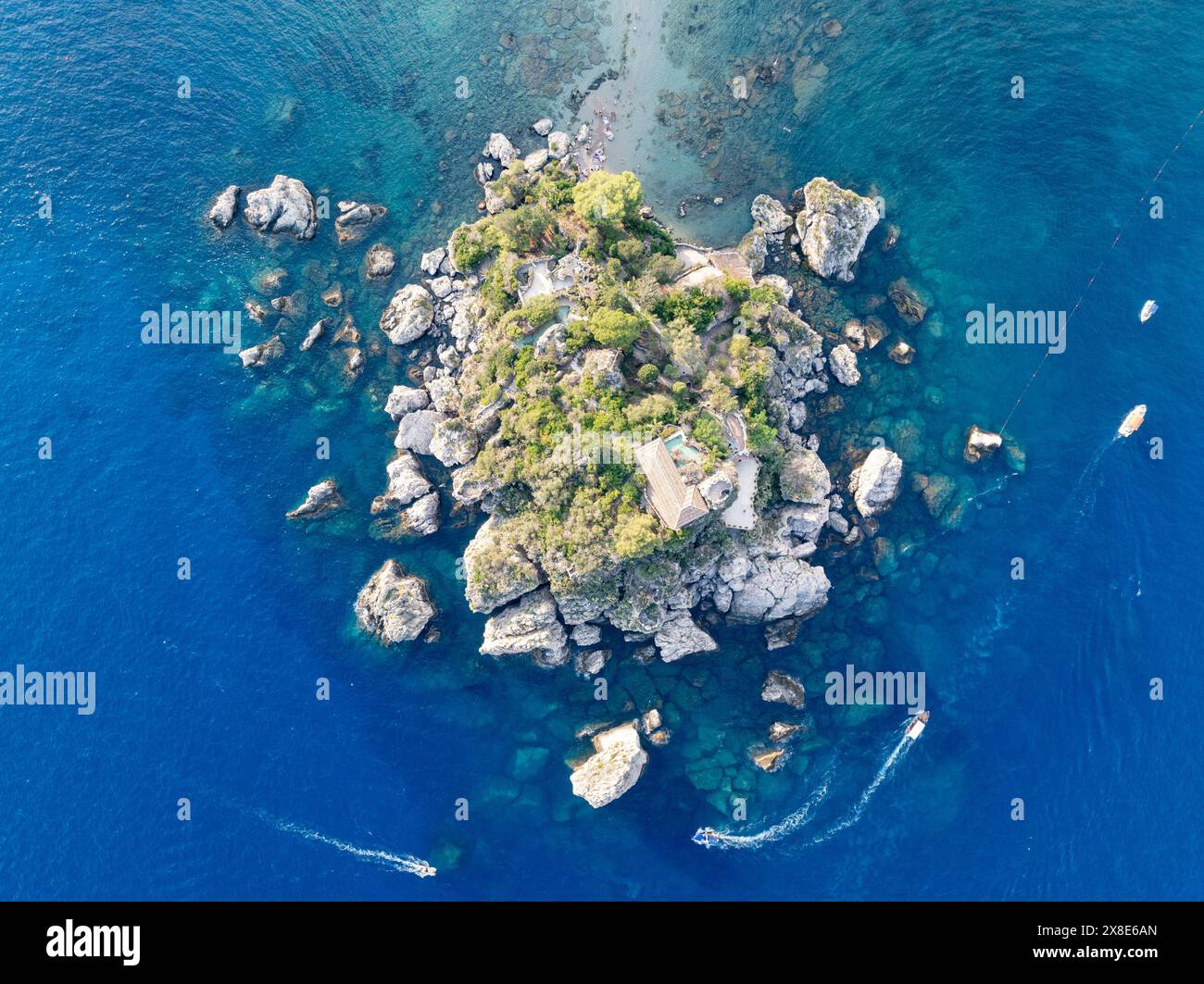 Aerial view of the beach and island Isola Bella at Taormina, Sicily Stock Photo