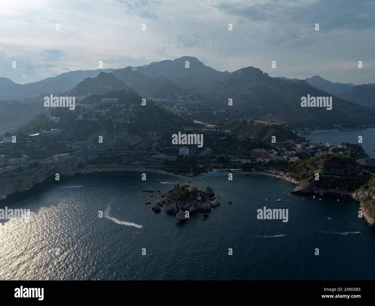 Aerial view of the beach and island Isola Bella at Taormina, Sicily Stock Photo