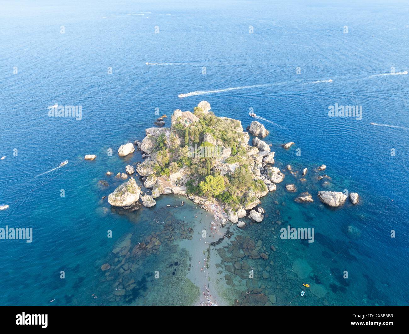 Aerial view of the beach and island Isola Bella at Taormina, Sicily Stock Photo