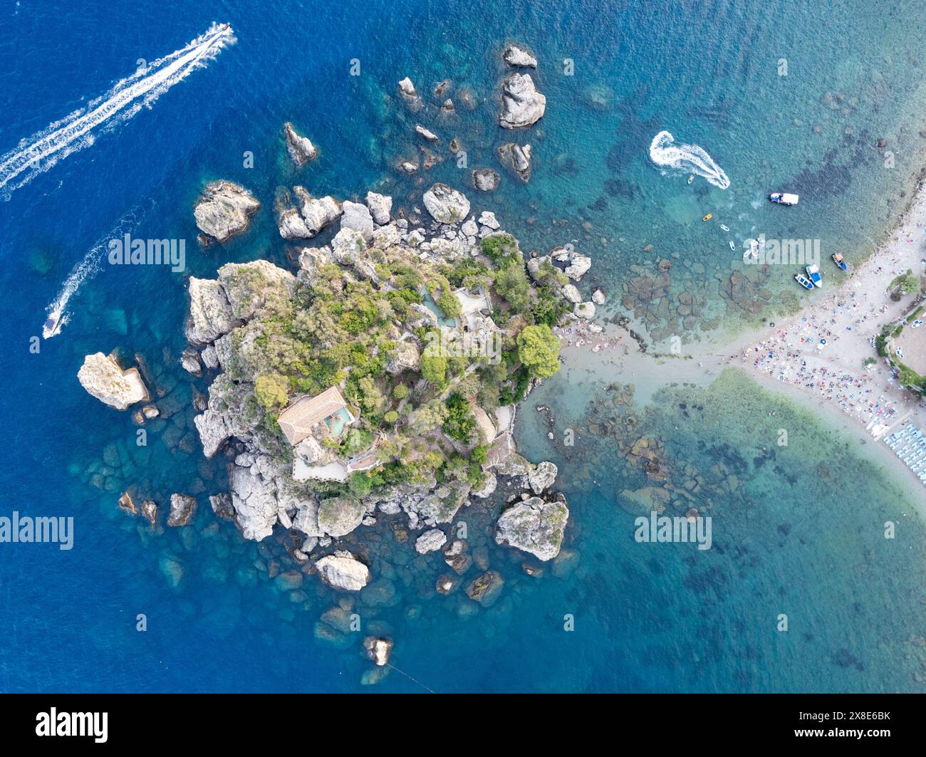 Aerial view of the beach and island Isola Bella at Taormina, Sicily Stock Photo