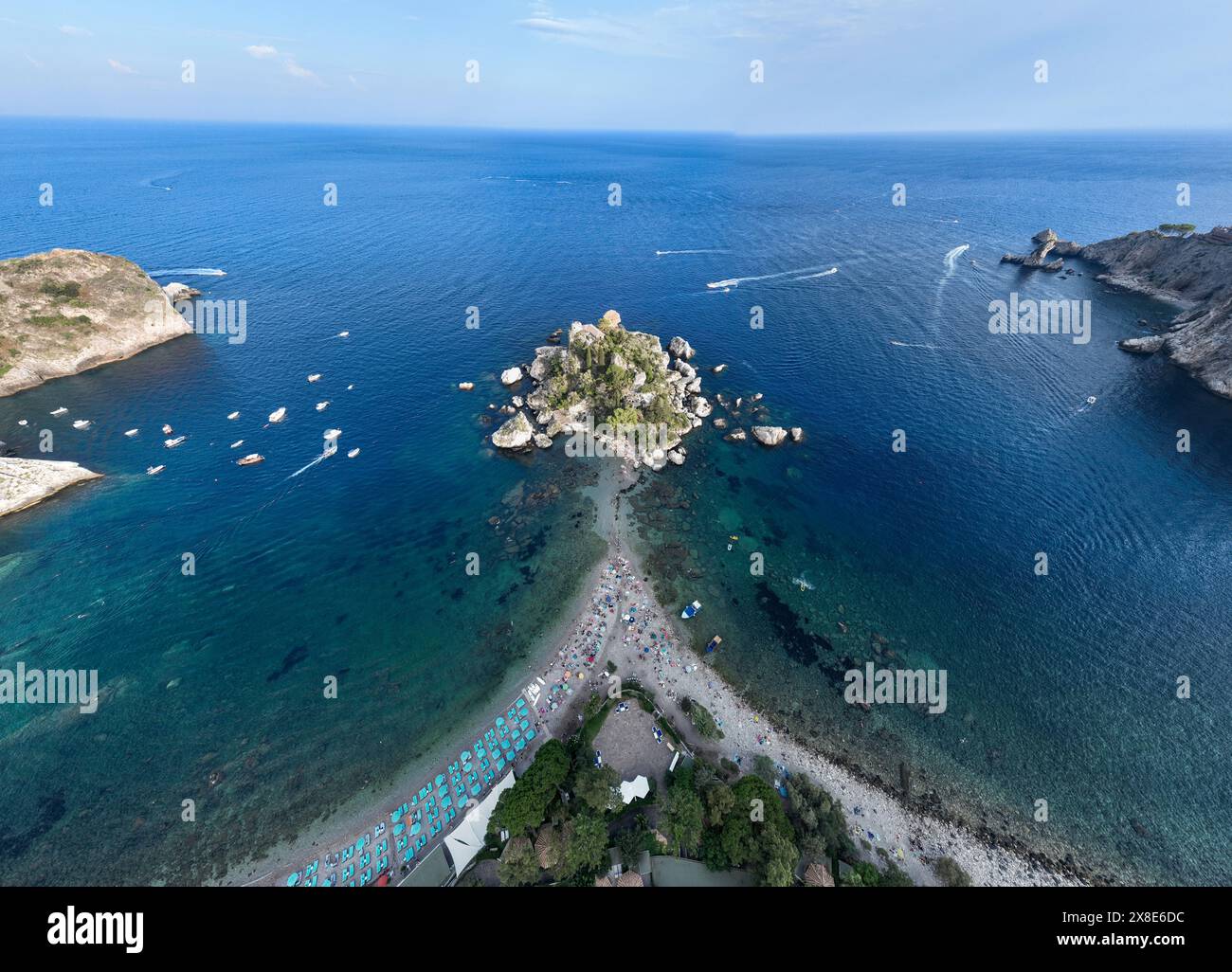 Aerial view of the beach and island Isola Bella at Taormina, Sicily Stock Photo