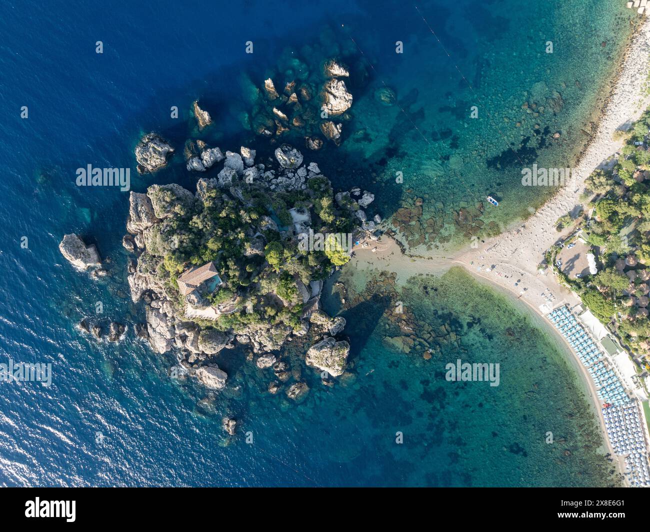 Aerial view of the beach and island Isola Bella at Taormina, Sicily Stock Photo