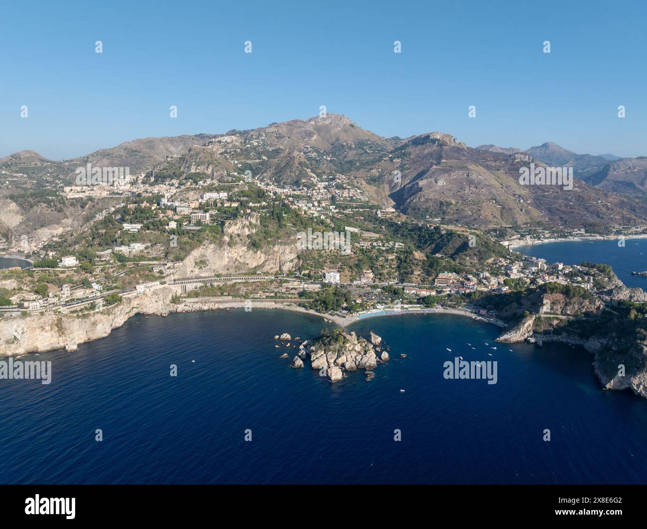 Aerial view of the beach and island Isola Bella at Taormina, Sicily Stock Photo