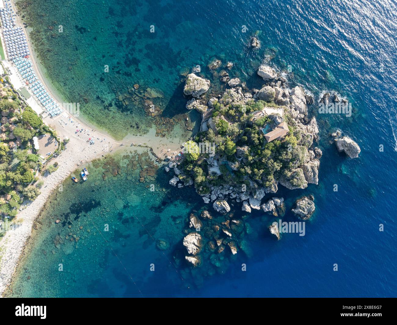 Aerial view of the beach and island Isola Bella at Taormina, Sicily Stock Photo