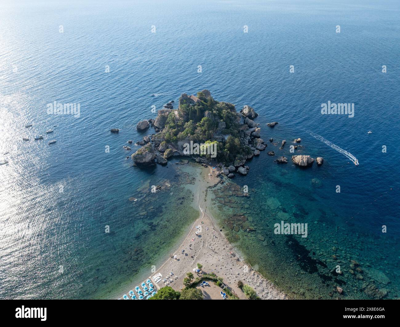 Aerial view of the beach and island Isola Bella at Taormina, Sicily Stock Photo