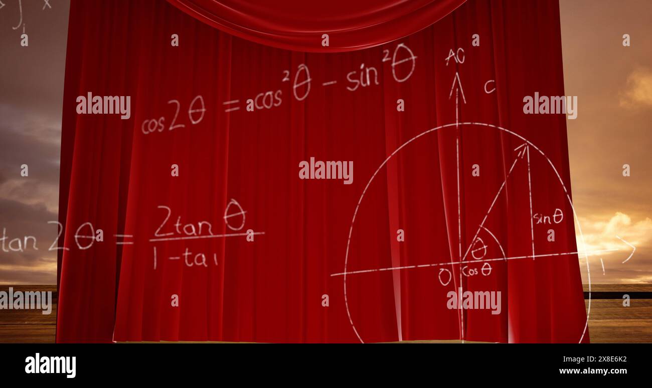Image of mathematical equations over red curtain and sky with clouds Stock Photo
