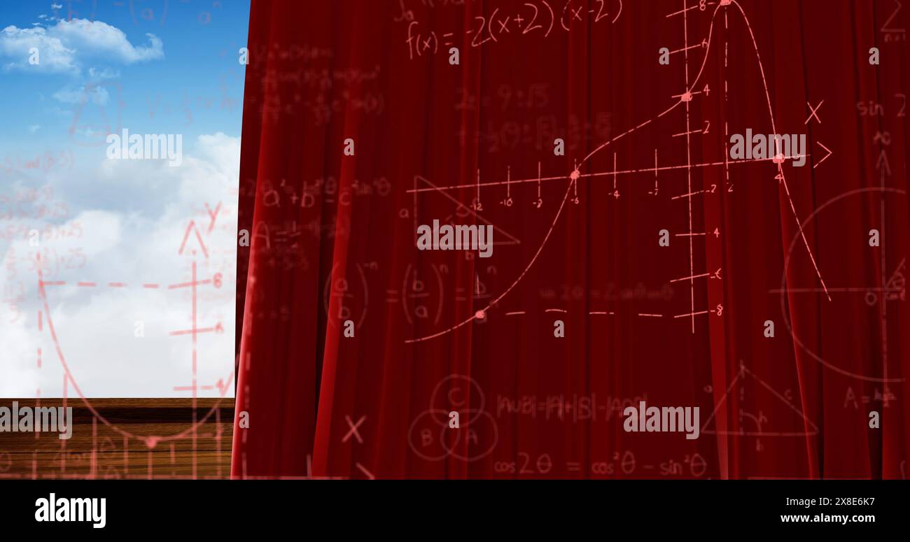Image of mathematical equations over red curtain and sky with clouds Stock Photo
