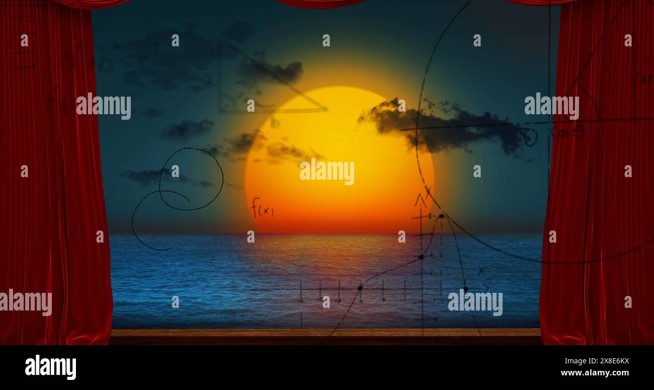 Image of mathematical equations over red curtain and sky with clouds and sun Stock Photo