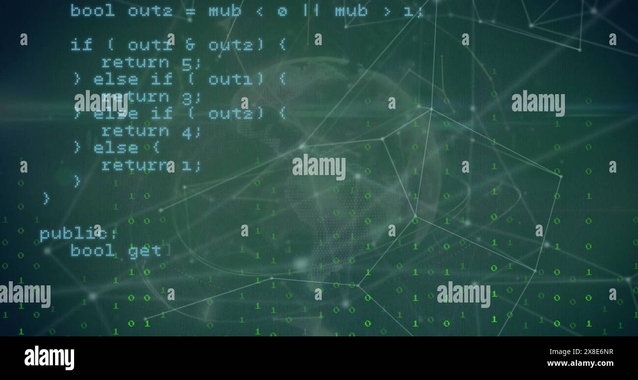 Image of binary coding and data processing over globe of plexus networks on green background Stock Photo
