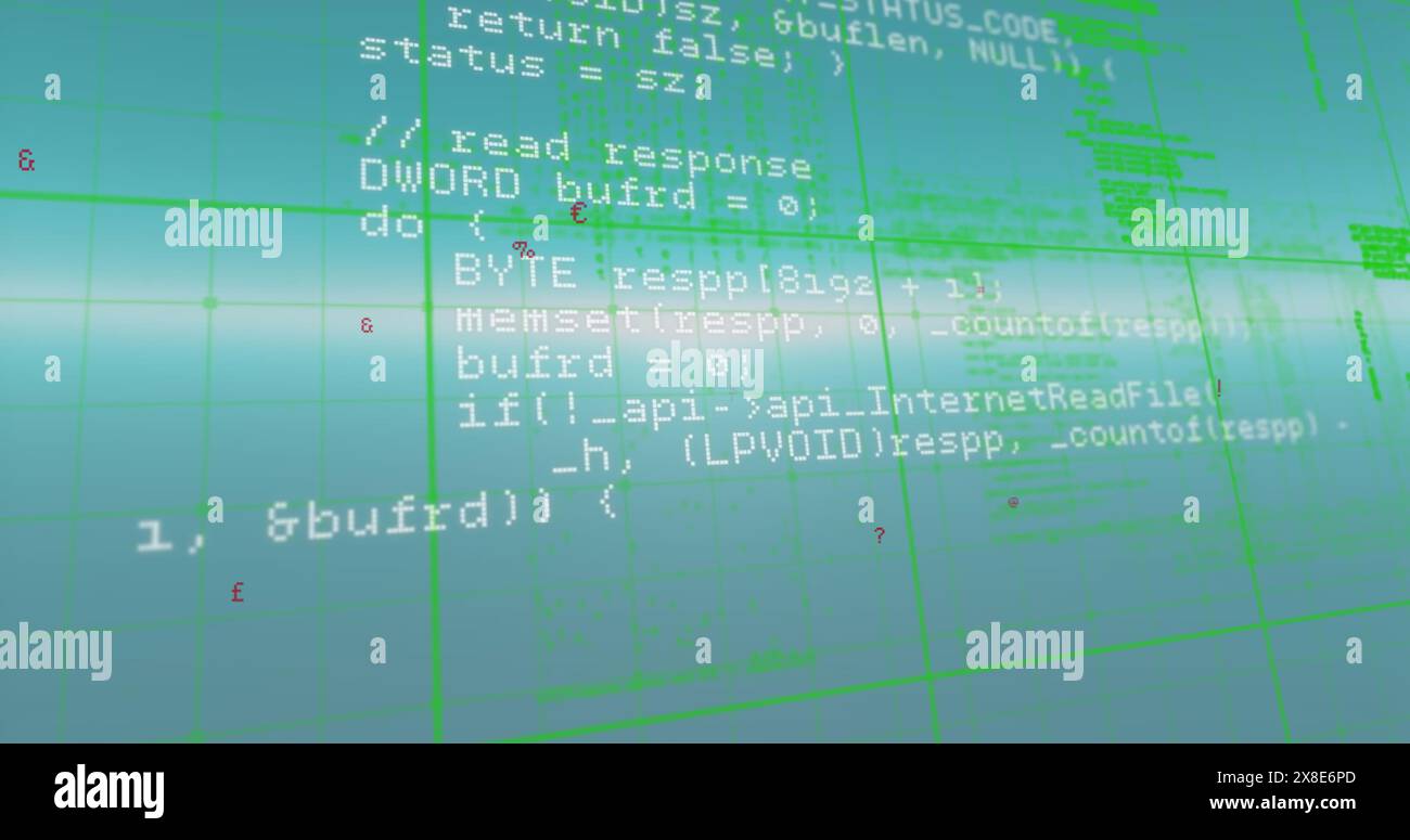 Green code lines are running on computer screen, showing programming ...