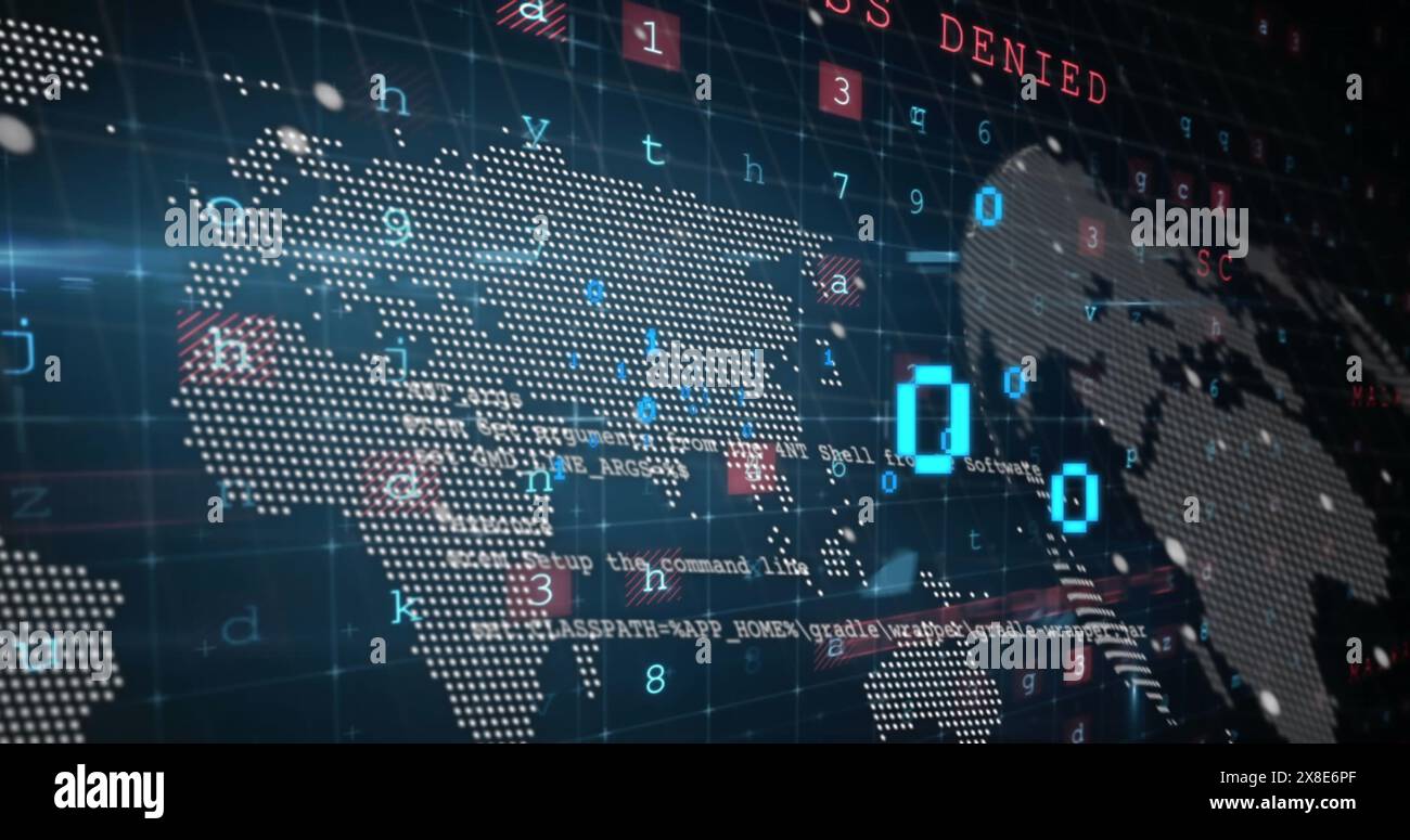 The image shows data processing over a cyberattack warning Stock Photo