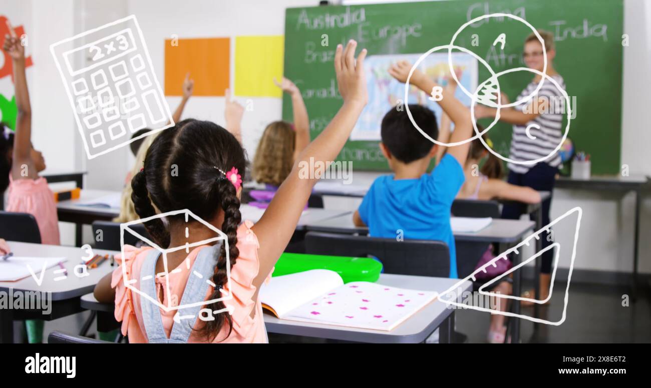 Image of school items icons over students in classroom Stock Photo