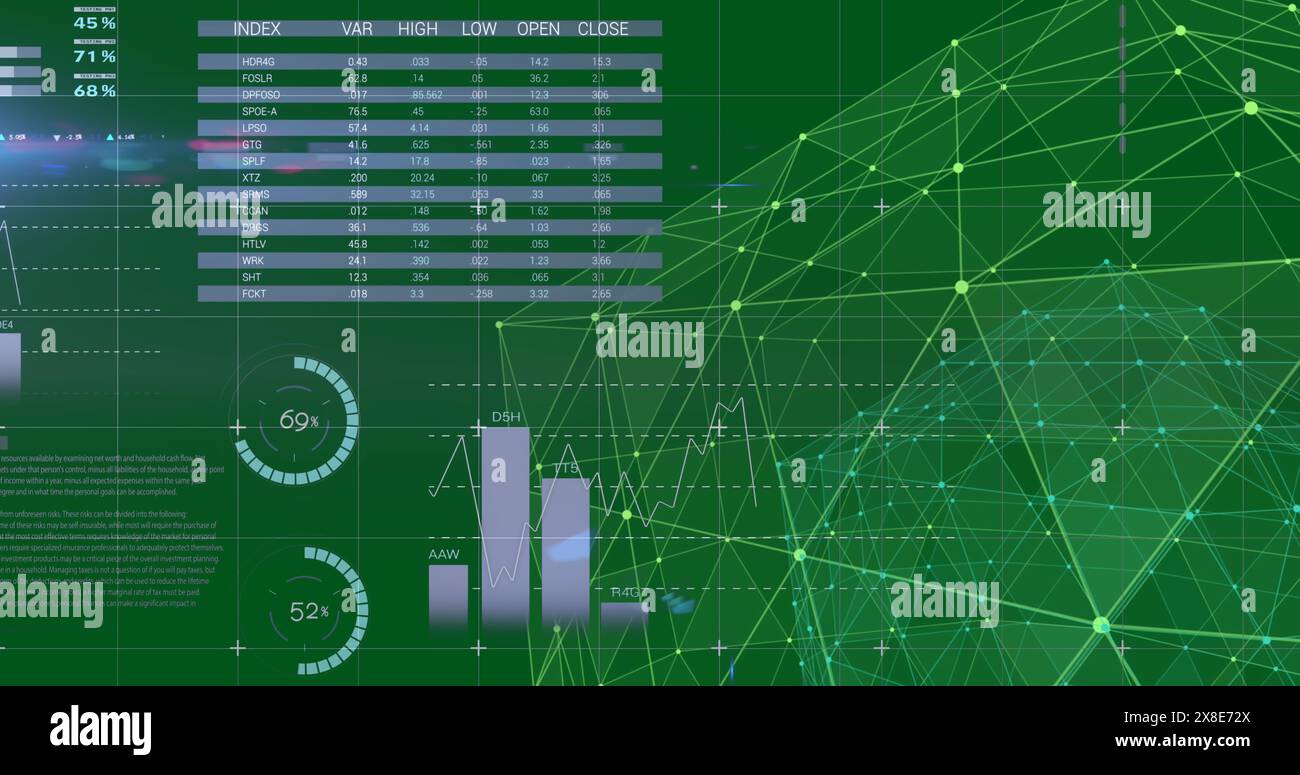 Image of connected dots forming globe and rotating over infographic ...
