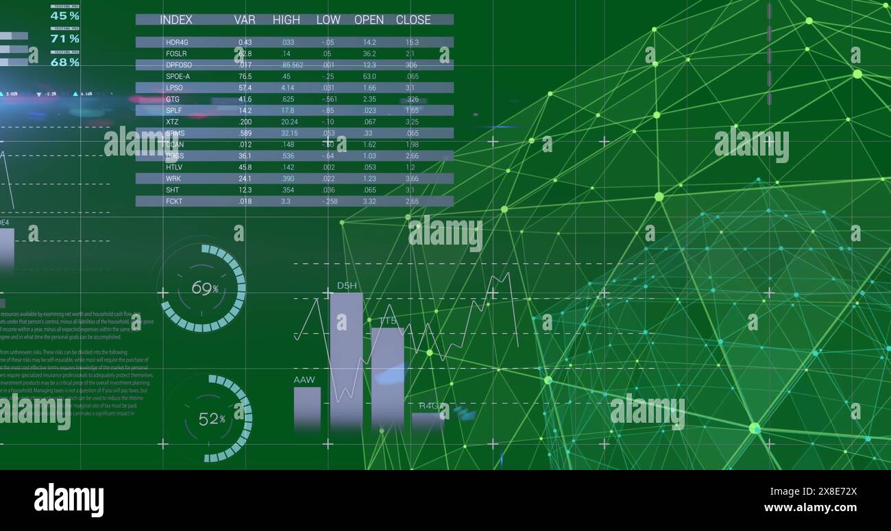 Image of connected dots forming globe and rotating over infographic interface Stock Photo