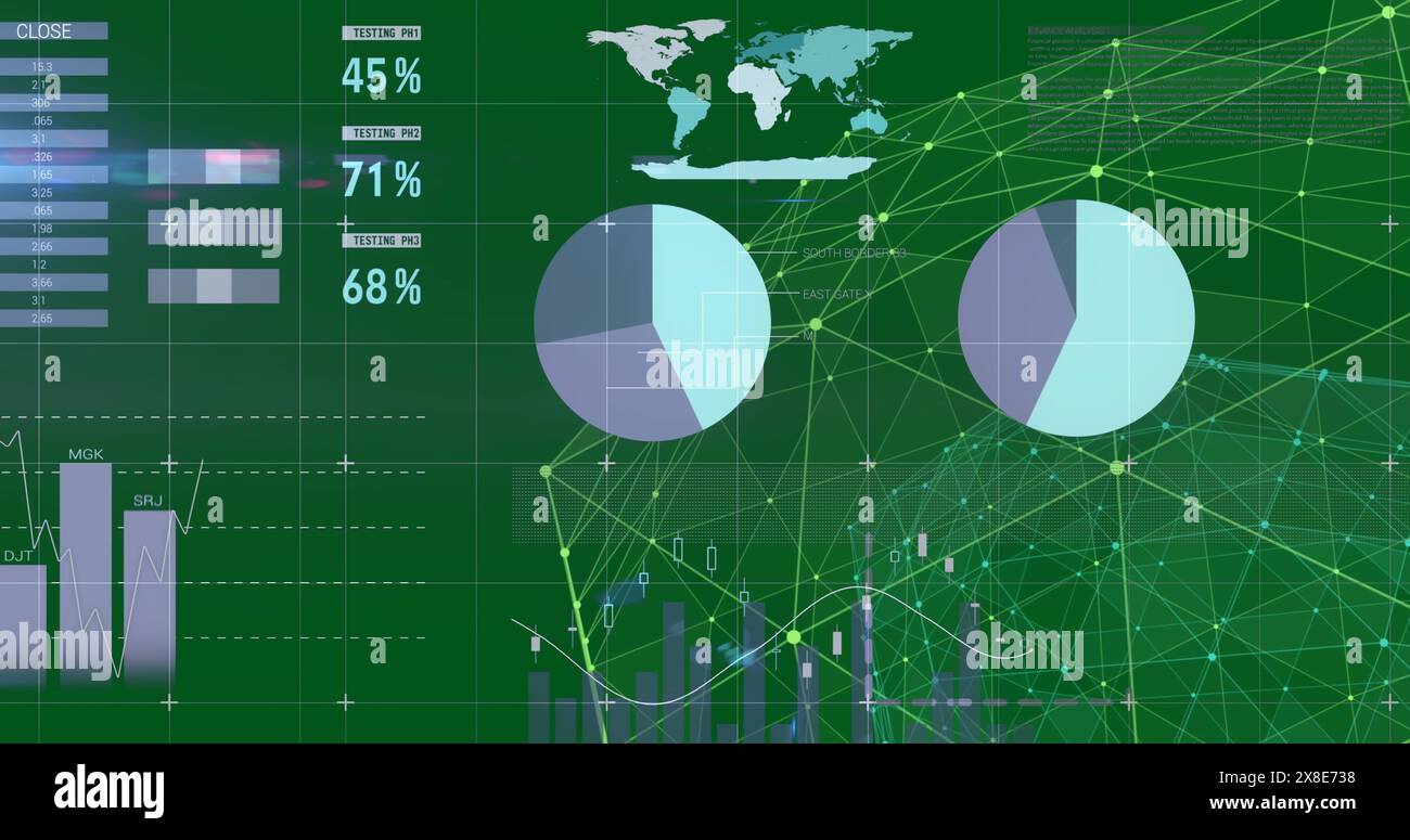 Image of connected dots forming globe and rotating over infographic ...