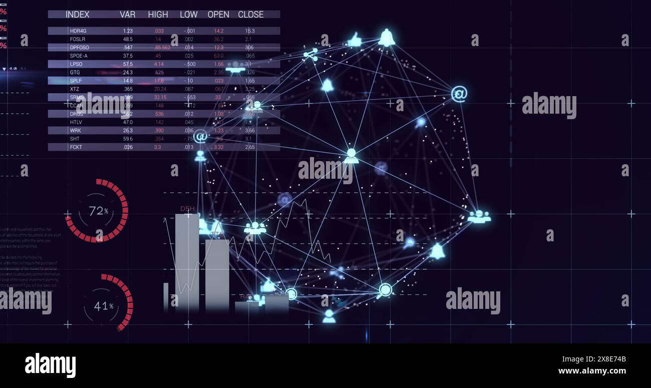 Image of statistical data processing and globe of digital icons against ...