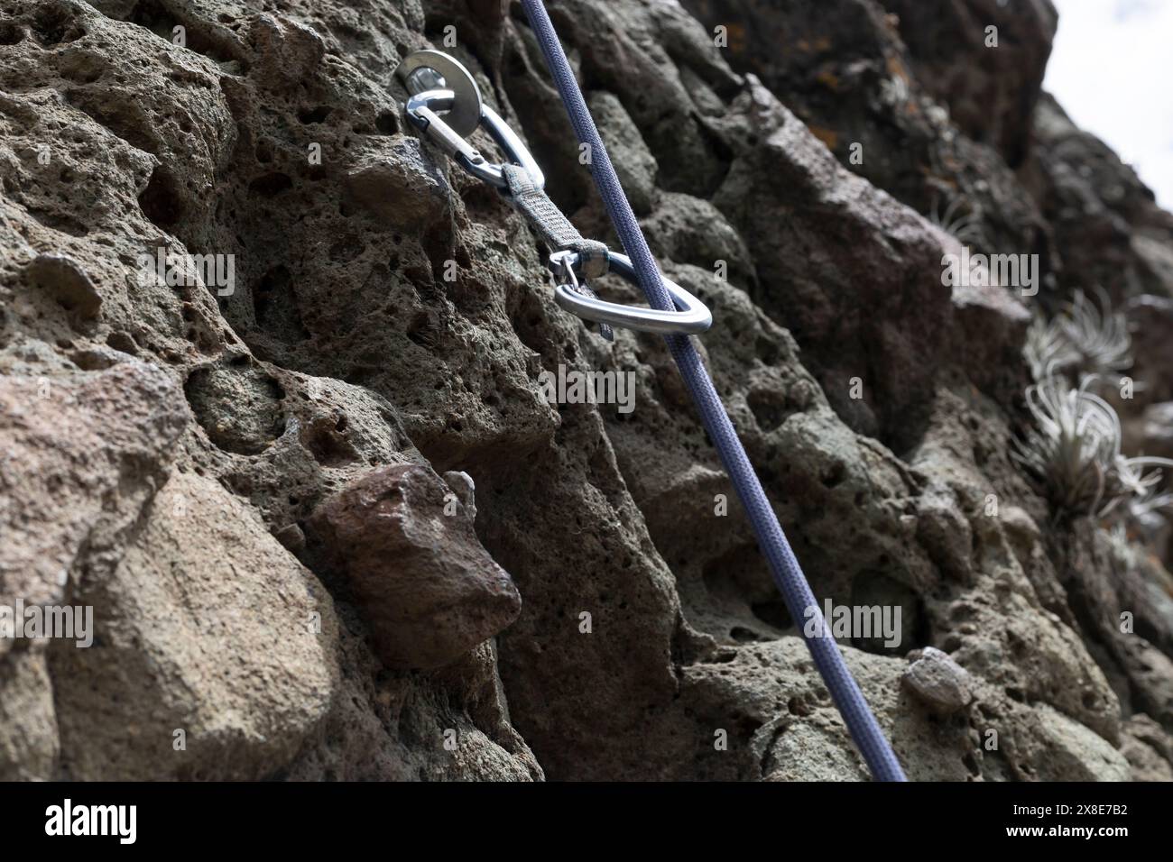 Rock climbing safety equipment, dynamic rope and carabiner fixed on ...