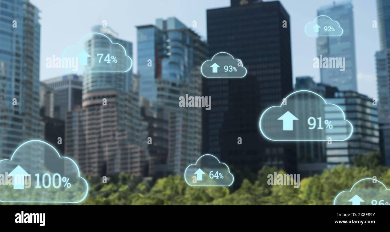 Image of growing numbers with up arrows in clouds over modern buildings in background Stock Photo