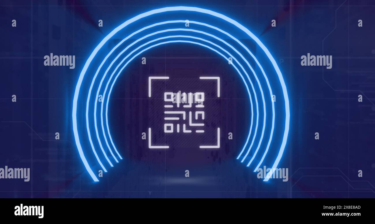 Image of neon circles and qr code over server room Stock Photo