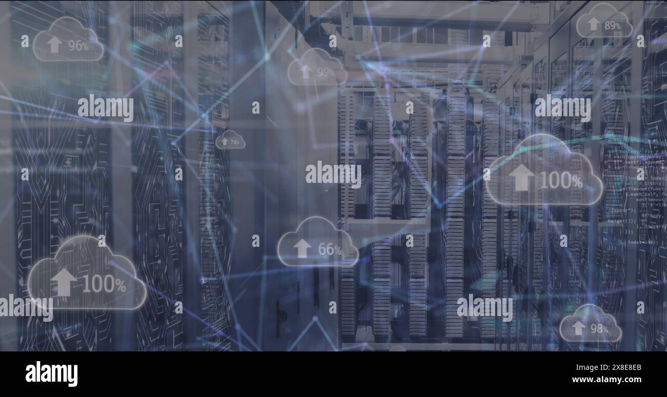 Image of data processing over cloud icons with percents and server room Stock Photo