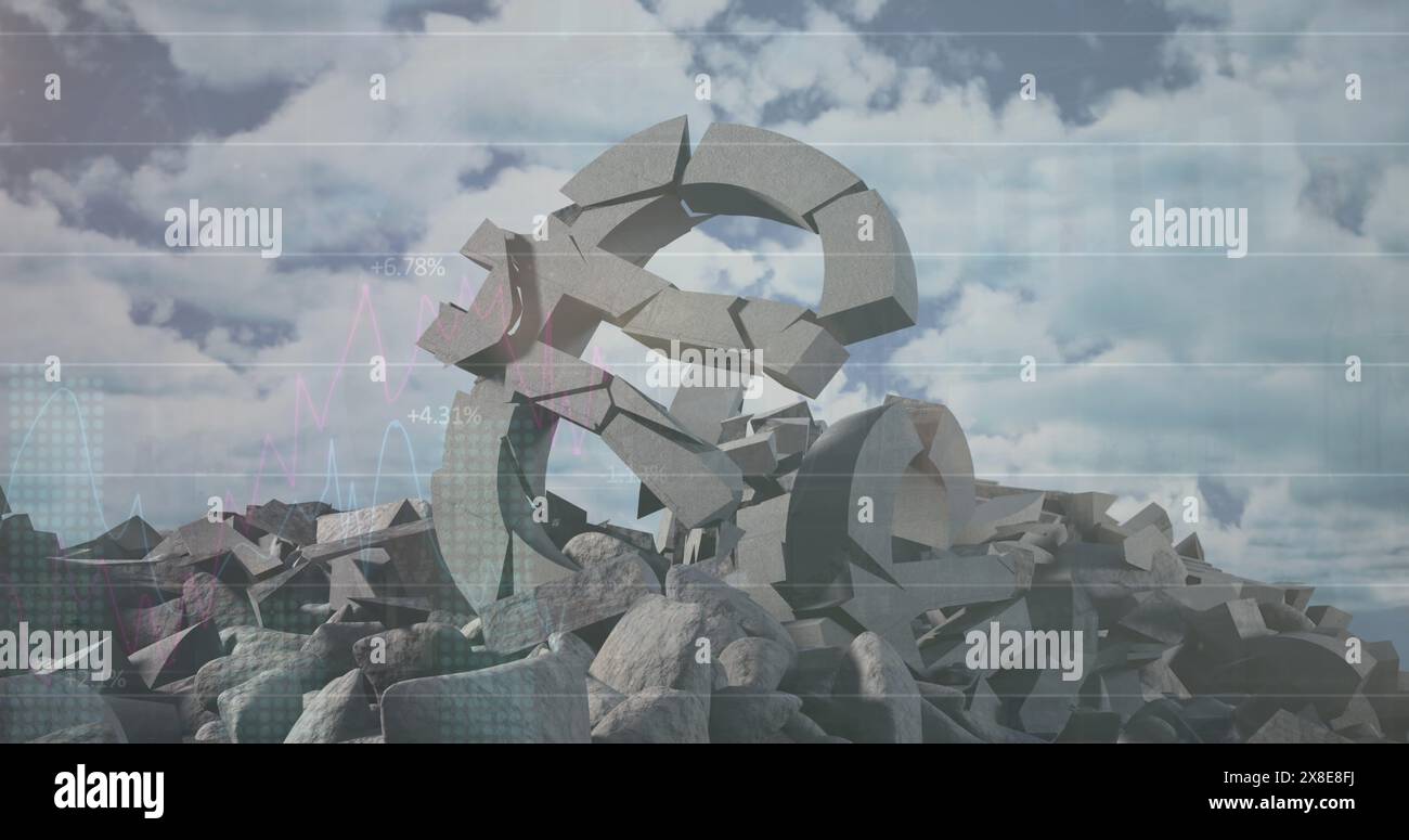 Image of data processing over broken euro symbols and clouds Stock Photo