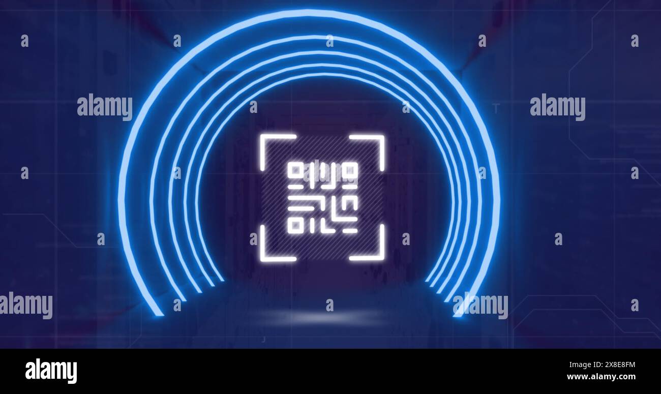 Image of neon circles and qr code over server room Stock Photo