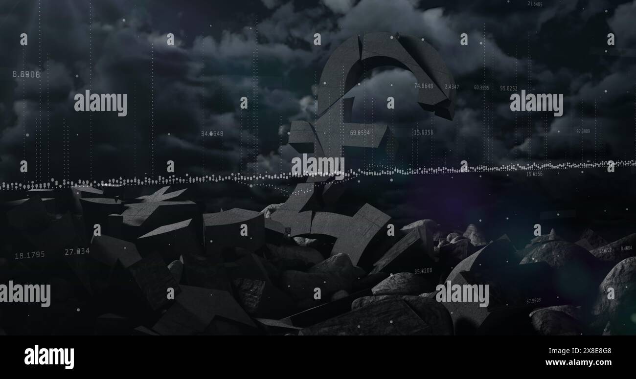 Image of data processing over broken pound symbols and dark clouds Stock Photo