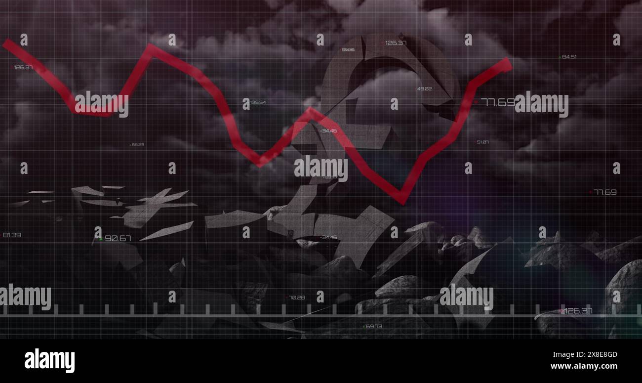 Image of data processing over broken pound symbols and dark clouds Stock Photo