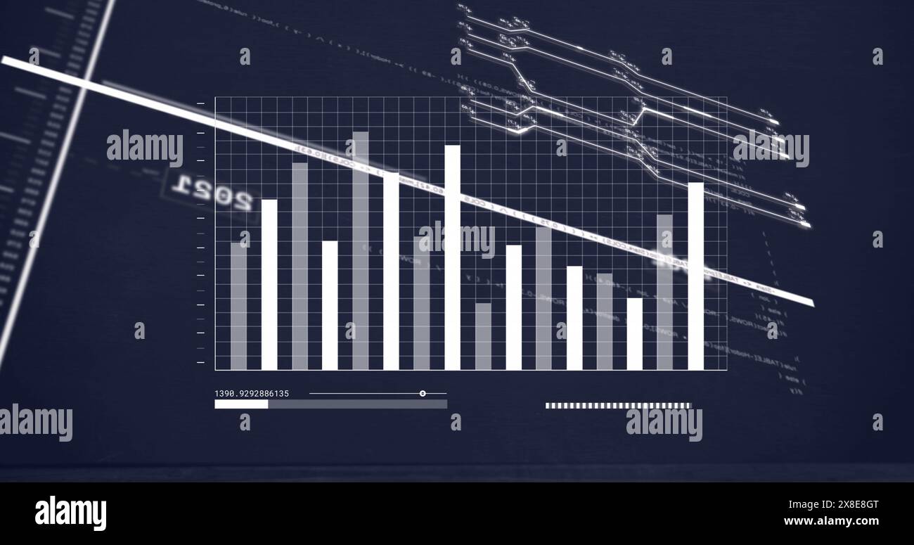 Image of lines with changing numbers over graph and loading bar against ...
