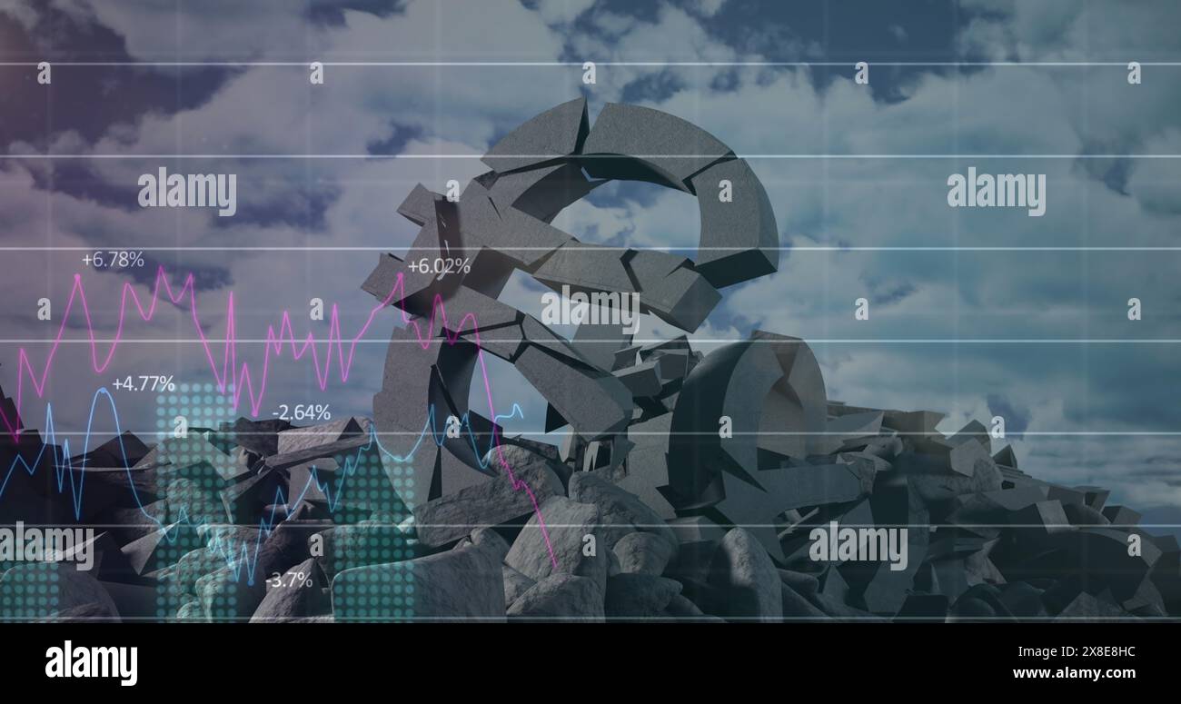 Image of data processing over broken euro symbols and clouds Stock Photo